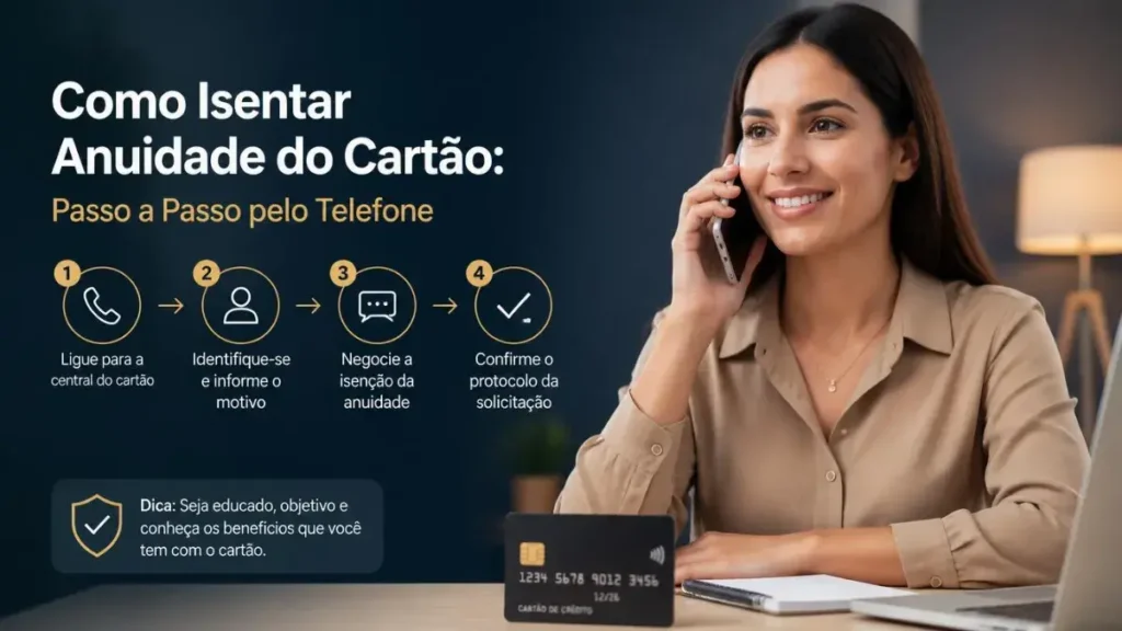 Como Isentar Anuidade do Cartão: Passo a Passo pelo Telefone Pessoa ao telefone negociando tarifas com smartphone e cartão em mãos ilustrando como isentar anuidade do cartão